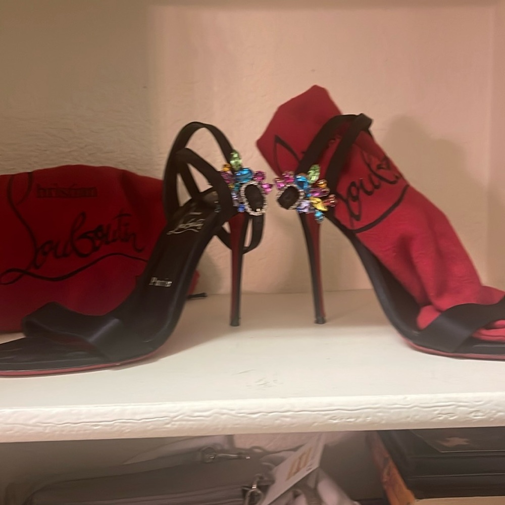 Christian Louboutin heels—-Gorgeous black satin with jewels, CL heels